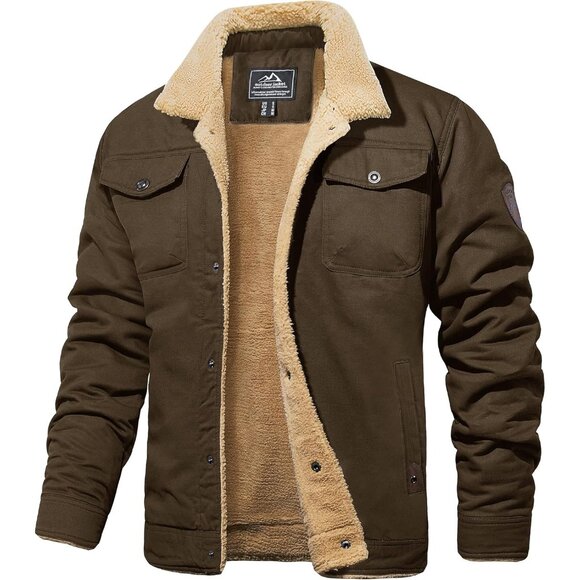 Mens Brown AI Winter Sherpa Lined Jacket Warm Trucker Coat Multi Pocket - Picture 1 of 7